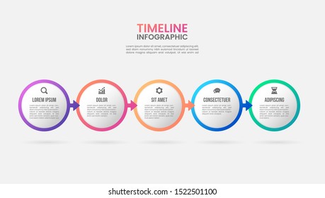 infografía de la línea de tiempo del proceso de negocios 5 pasos círculos. formas de gráfico plantilla vectorial