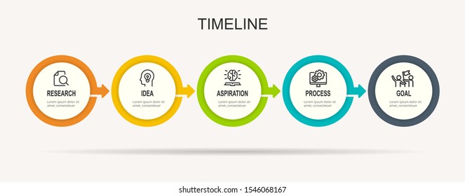 Business process. Timeline infographics with 5 steps, circles, arrows. Vector chart.