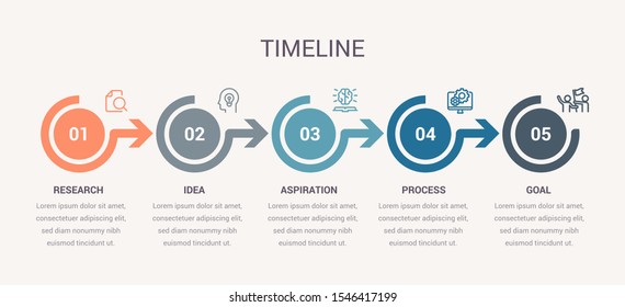 Business process. Timeline infographics with 5 steps, circles, arrows. Vector chart.