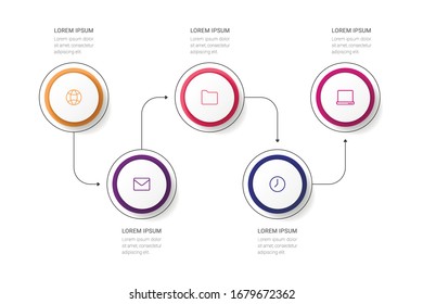 Proceso comercial. infografías de línea de tiempo con 5 opciones, círculos. Ilustración vectorial.
