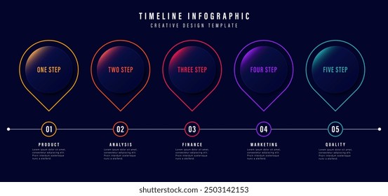 Geschäftsprozess Zeitleiste Infografiken 5 Schritte Kreise, Diagramm, Verbindung. Formen für Geschäftsvorlagenvektor. Tiefblaue Vektorvorlage