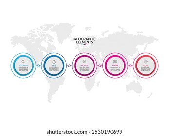 Proceso comercial. Infografía de línea de tiempo con 5 pasos, círculos, flechas. Carta de Vectores.