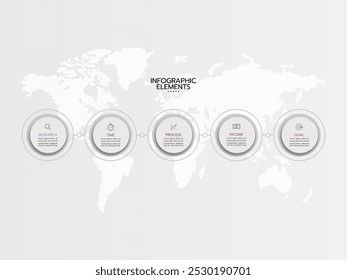 Processo de negócios. Infográficos de linha do tempo com 5 etapas, círculos, setas. Gráfico vetorial.
