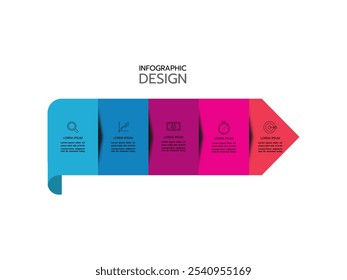 Proceso comercial. Infografía de línea de tiempo con 5 pasos, opciones, cuadrados. Plantilla de Vector.