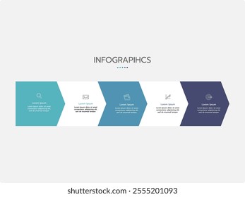 Business process. Timeline infographics with 5 steps, options, squares. Vector template.