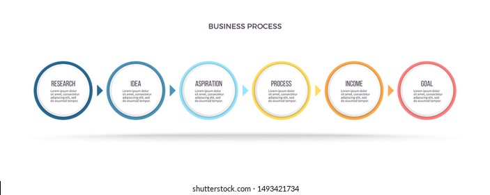 Business process. Timeline infographics with 6 steps, circles, options. Vector chart.
