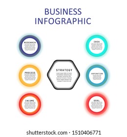 Business process. Timeline infographics with 6 steps, circles, arrows. Vector chart.