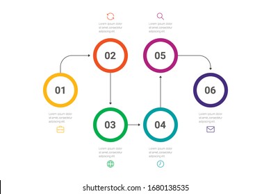 Business process. Timeline infographics with 6 options, circles. Vector illustration.