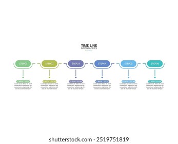 Proceso comercial. Infografía de línea de tiempo con 6 pasos, círculos, flechas. Carta de Vectores.