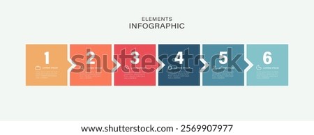 Business process. Timeline infographics with 6 steps, options, squares. Vector template.