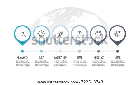 Business process. Timeline infographics with 6 steps, options, arrows. Vector template.