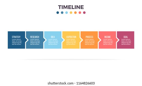 Business process. Timeline infographics with 7 steps, options, squares. Vector template.