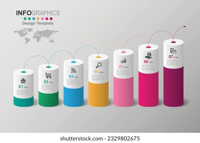 Business process timeline infographics 7 Step, 3D shape.