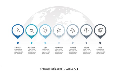 Business Process. Timeline Infographics With 7 Steps, Options, Arrows. Vector Template.