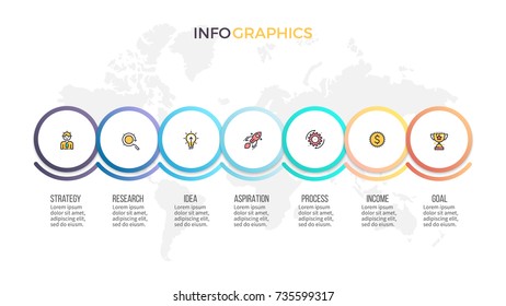 Business process. Timeline infographics with 7 steps, options, circles. Vector template.