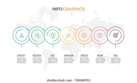 Business process. Timeline infographics with 7 steps, options, arrows. Vector template.