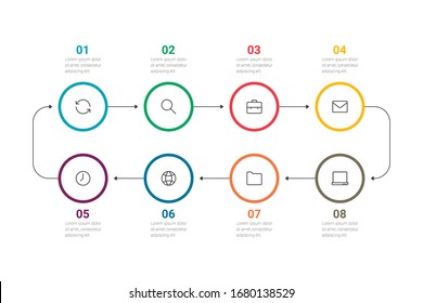 Business Process. Timeline Infographics With 8 Options, Circles. Vector Illustration.