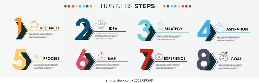 Business process. Timeline infographics with 8 steps, options, arrows. Vector template.
