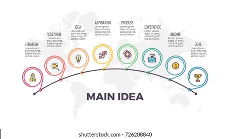 Business Process. Timeline Infographics With 8 Steps, Options, Arrows. Outline Vector Template.