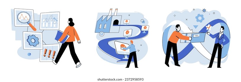 Proceso comercial. Ilustración vectorial. Las prácticas de contabilidad garantizan una presentación de informes financieros y una gestión precisas El seguimiento de los progresos es esencial para evaluar el desarrollo de las empresas Desarrollar innovaciones