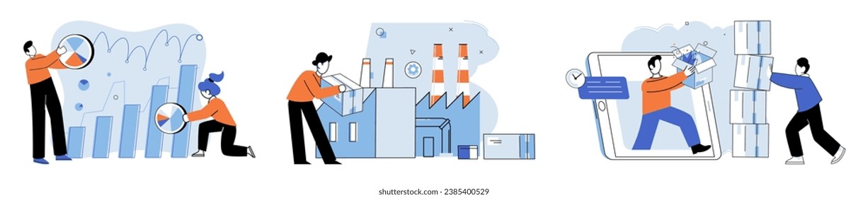 Proceso comercial. Ilustración vectorial. Las prácticas contables garantizan una gestión financiera precisa Los progresos en el desarrollo de las empresas se miden mediante hitos Elaboración de estrategias innovadoras