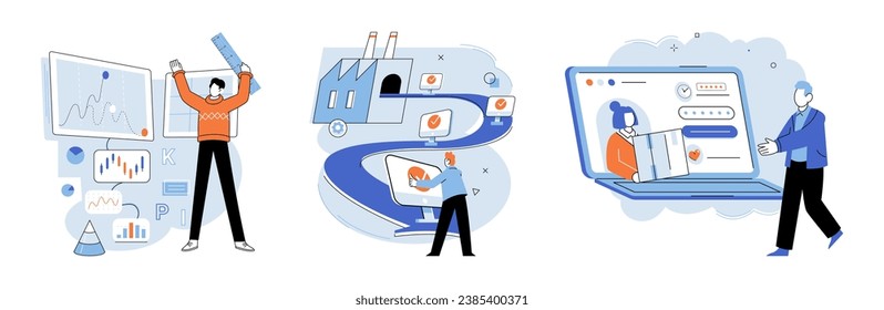 Proceso comercial. Ilustración vectorial. Implementar procesos empresariales eficientes maximiza la productividad Las decisiones de inversión tienen un impacto sobre el éxito financiero Las prácticas de contabilidad garantizan la exactitud