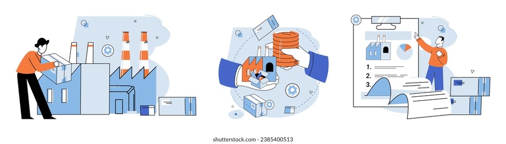 Business process. Vector illustration. Occupation in commercial sector requires knowledge marketing and finance Economic management plays crucial role in investment decisions Accounting practices