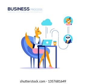 Business process vector poster concept. Workflow management illustration. Group chat, Internet communication. Webinar, online seminar, conference. Female boss chatting with subordinates