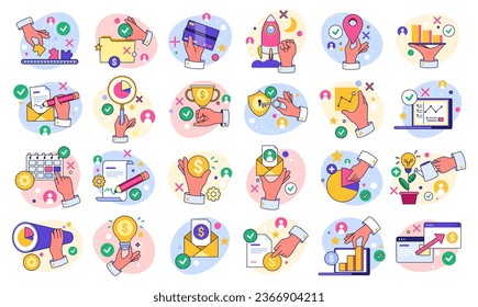 Business process vector set of icons related to team work and human resource management. Startup and project start, winner champion and strategy of management and development, command work