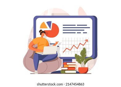 Business process web concept in flat design. Woman makes financial report, creates strategy and invests money. Company development, success and leadership. Vector illustration with people scene