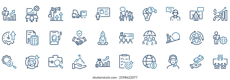 Business Process web line icon set. Progress, strategy, analysis, planning, management, improvement and others. Editable stroke. Vector illustration
