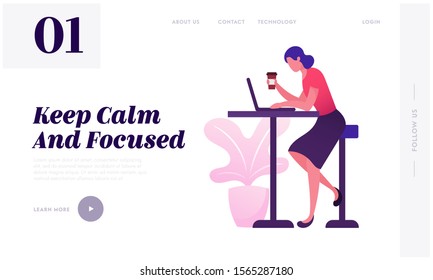 Business Process Website Landing Page. Young Office Woman in Elegant Formal Suit Sitting at Table with Cup of Coffee in Hand and Working on Laptop Web Page Banner. Cartoon Flat Vector Illustration