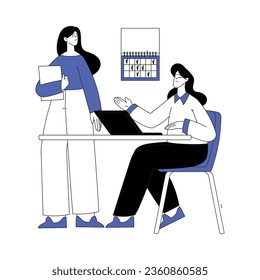 Business Process with Woman Character at Laptop and Colleague Vector Illustration