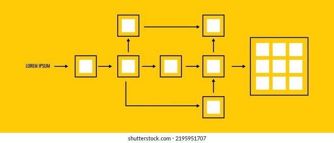 Business process and workflow automation with flowchart with block arranging processing management on yellow background