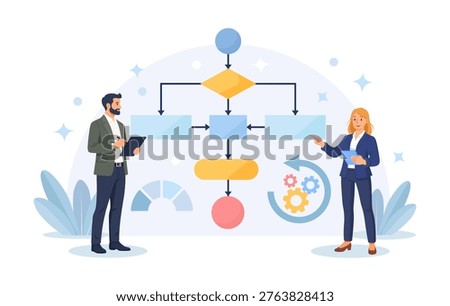 Business process, workflow diagram, flowchart to get result. Businessman drawing map for business procedure. Effective plan for organization business tasks. Work strategy framework. Flat illustration