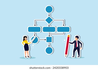Business process, workflow diagram or model design, flowchart to get result, map or plan for business procedure, solution, strategy to implement concept, business people drawing workflow process.