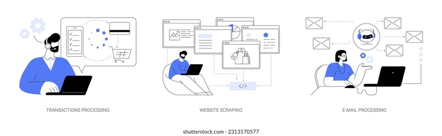 Conjunto de ilustraciones vectoriales abstractas de automatización de procesos empresariales. Procesamiento de transacciones, raspado de sitios web, transferencia de datos, envío automatizado de correo electrónico, metáfora abstracta de aprendizaje automático.