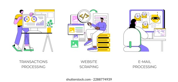 Business processes automation isolated cartoon vector illustrations set. Transactions processing, website scraping, data transfer, automated e-mail sending, machine learning vector cartoon.