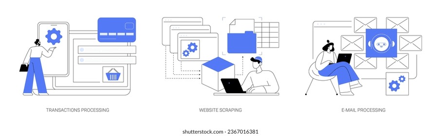 Automatisierung von Geschäftsprozessen, einzelne Cartoon-Vektorgrafiken-Set. Transaktionsverarbeitung, Web-Scraping, Datenübertragung, automatisiertes E-Mail-Senden, maschinelles Lernen, Vektorgrafik.