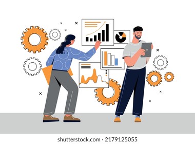 Business processes concept. Man and woman work with statistics, characters evaluate graphs, charts and diagrams. Teamwork, analysts doing marketing research. Cartoon flat vector illustration