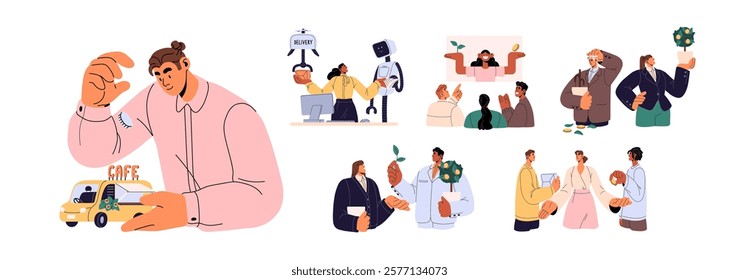 Business processes concept set. Financial literacy. Investment, trade, commerce deals. Entrepreneurs, businessmen organize work, finances. Flat isolated vector illustrations on white background