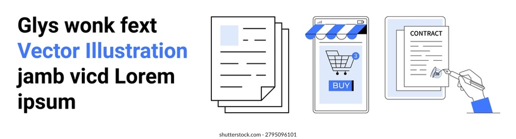 Business processes, digital contracts, e-commerce, online agreements, document signing, transaction completion. Document icons, shopping cart contract signature. E-commerce and digital contracts