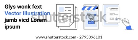 Business processes, digital contracts, e-commerce, online agreements, document signing, transaction completion. Document icons, shopping cart contract signature. E-commerce and digital contracts