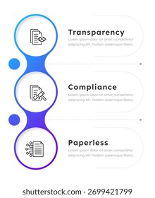 Infografía de digitalización de procesos empresariales con círculos de gradiente azul. Tecnología innovadora en el comercio. Proceso de diagrama de iconos de línea delgada editable con 3 pasos