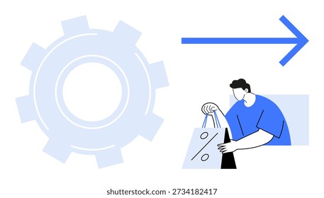 Business processes, e-commerce, digital transformation, automation, technology, shopping. Cartoon figure holding shopping bag with discount icon near gear and arrow. Business processes and e-commerce