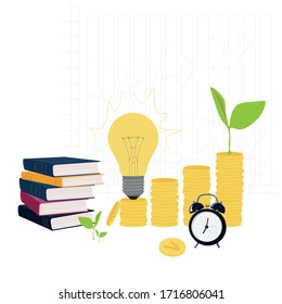 Business processes and Finance. Its symbol. Investment. Training. Movement of indicators on the chart. Growth, development. Coins in stacks. Clock, alarm clock, books, sprout, light bulb-idea. Vector.