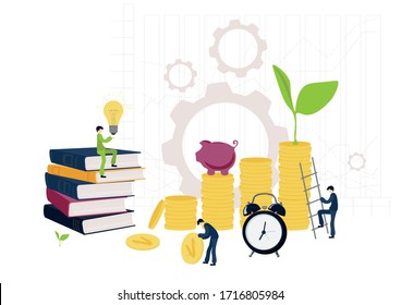 Business processes and Finance. Symbols. Investment. Training. Movement of indicators on the chart. Growth, development. Coins in stacks. Watch, books, sprout, light bulb-idea, piggy Bank. Vector