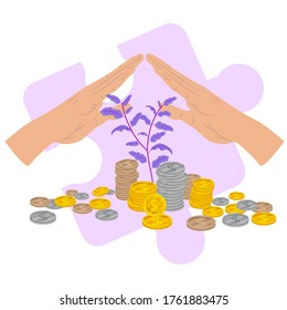 Procesos empresariales y financie la ilustración .Vector en un estilo plano. Las manos protegen el brote de inversión. Aislado sobre un fondo blanco