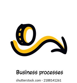 Geschäftsprozesse handgezeichnetes Skript, Sketchnotensymbol. Minimale Vektorgrafik. Bearbeitbare Umrisse, Farbe, Schatten. Infografiken-Symbol