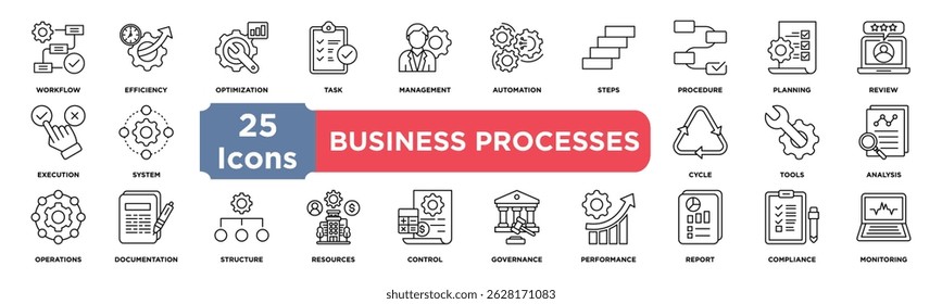 Business Processes icon collection set. Containing workflow,efficiency,optimization,task,management,automation,steps,procedure,planning,execution icon. Simple line vector.